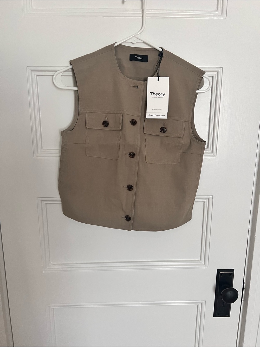Theory Sleeveless Button-Front Utility Vest in Taupe